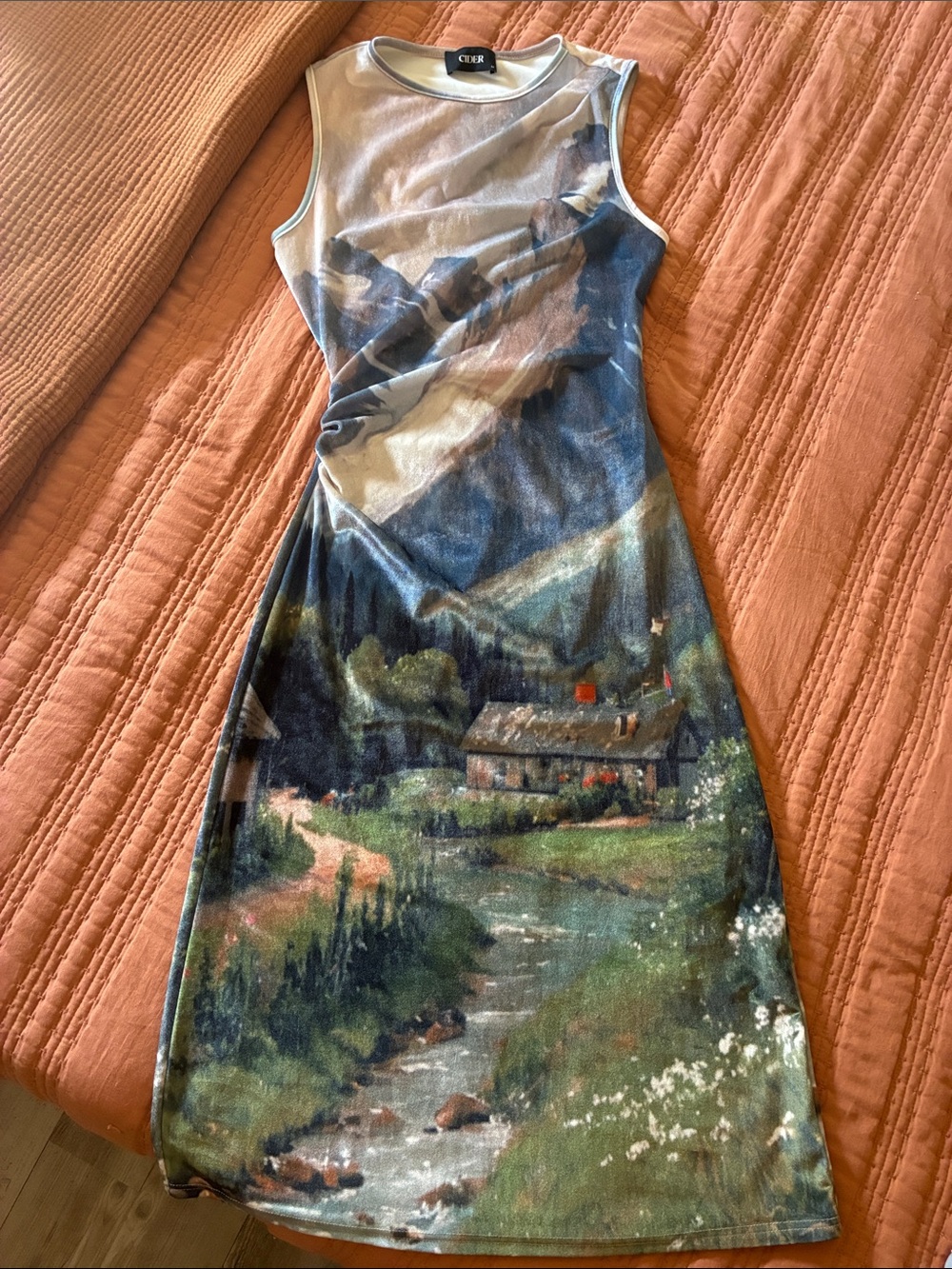 Landscape scenic pastoral print graphic body con velvet velour midi dress size M